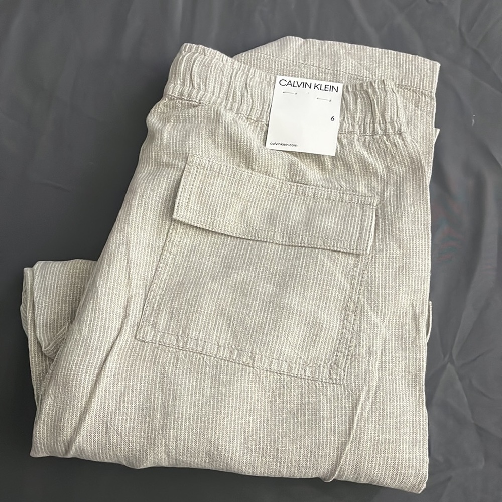 Calvin Klein • Linen Khaki Mini Stripe Drawstring Cargo Pants - Picture 2 of 3